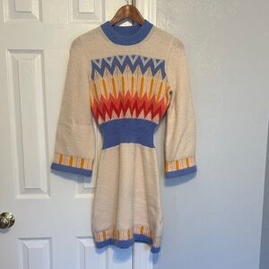 French Connection Cream and Blue Patterned Sweater Dress